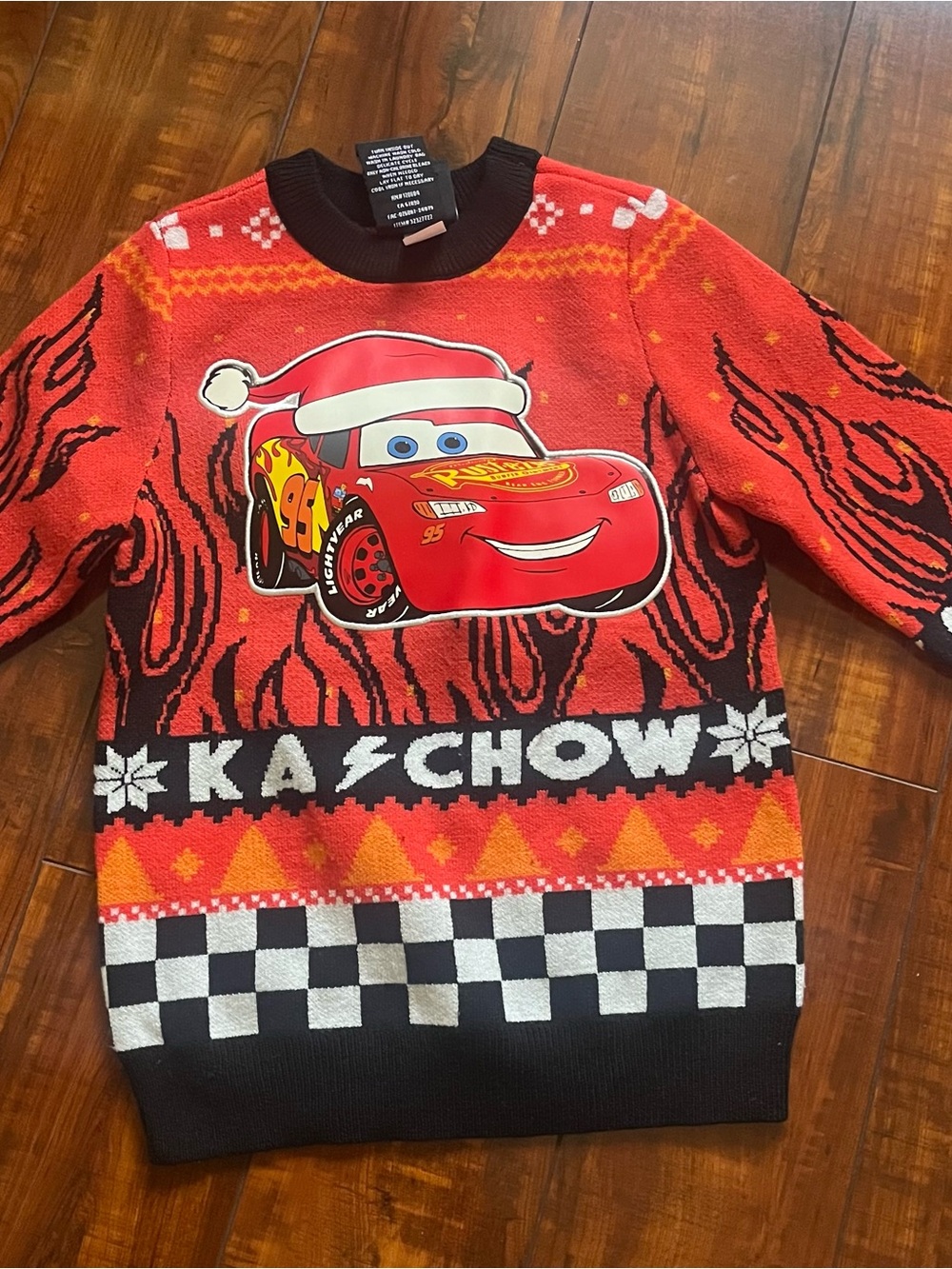 Red Crewneck Holiday Sweater with Lightning Car Graphic - Unbranded
